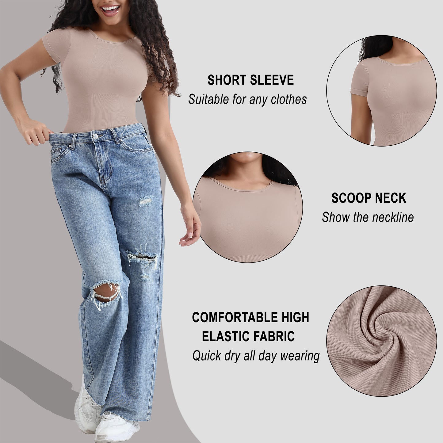 Shapewear Body Pressure Round Collar Tight Solid Color Short Sleeve Tops