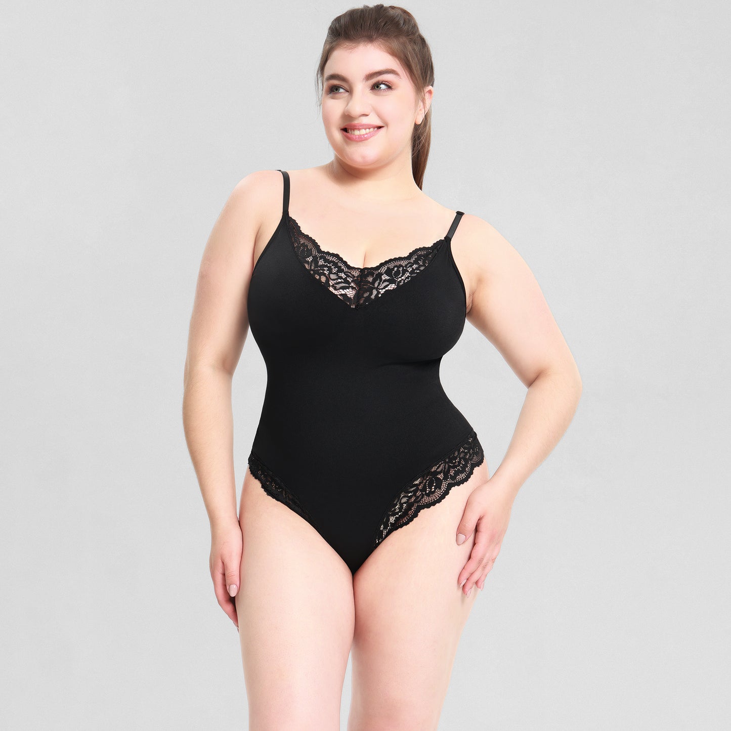 Bodysuit Large Size Lace T-Back Crotch Tummy-Controlling One-Piece Suspender Shapewear Underwear