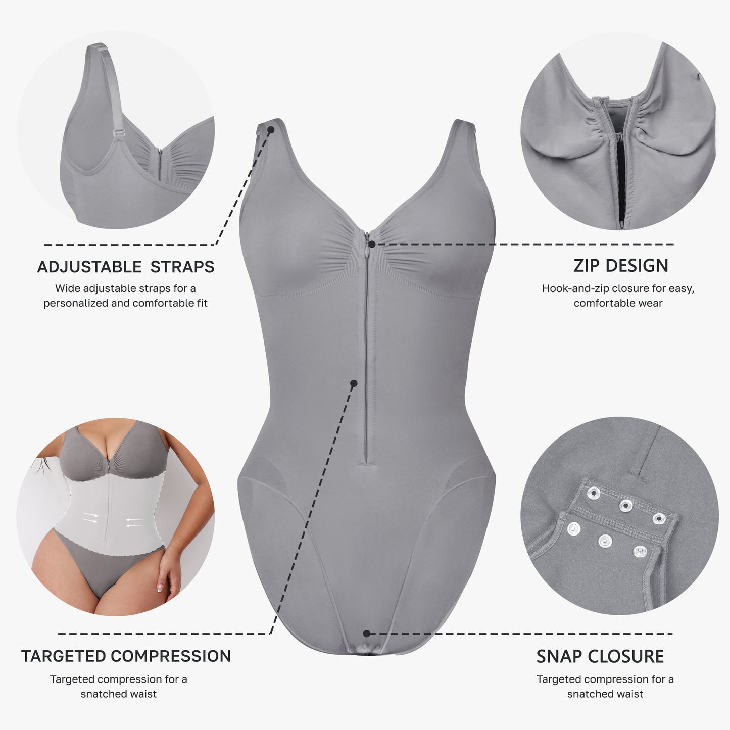 Seamless shaping abdomen-control camisole bodysuit with zipper, open back and butt-lifting shapewear