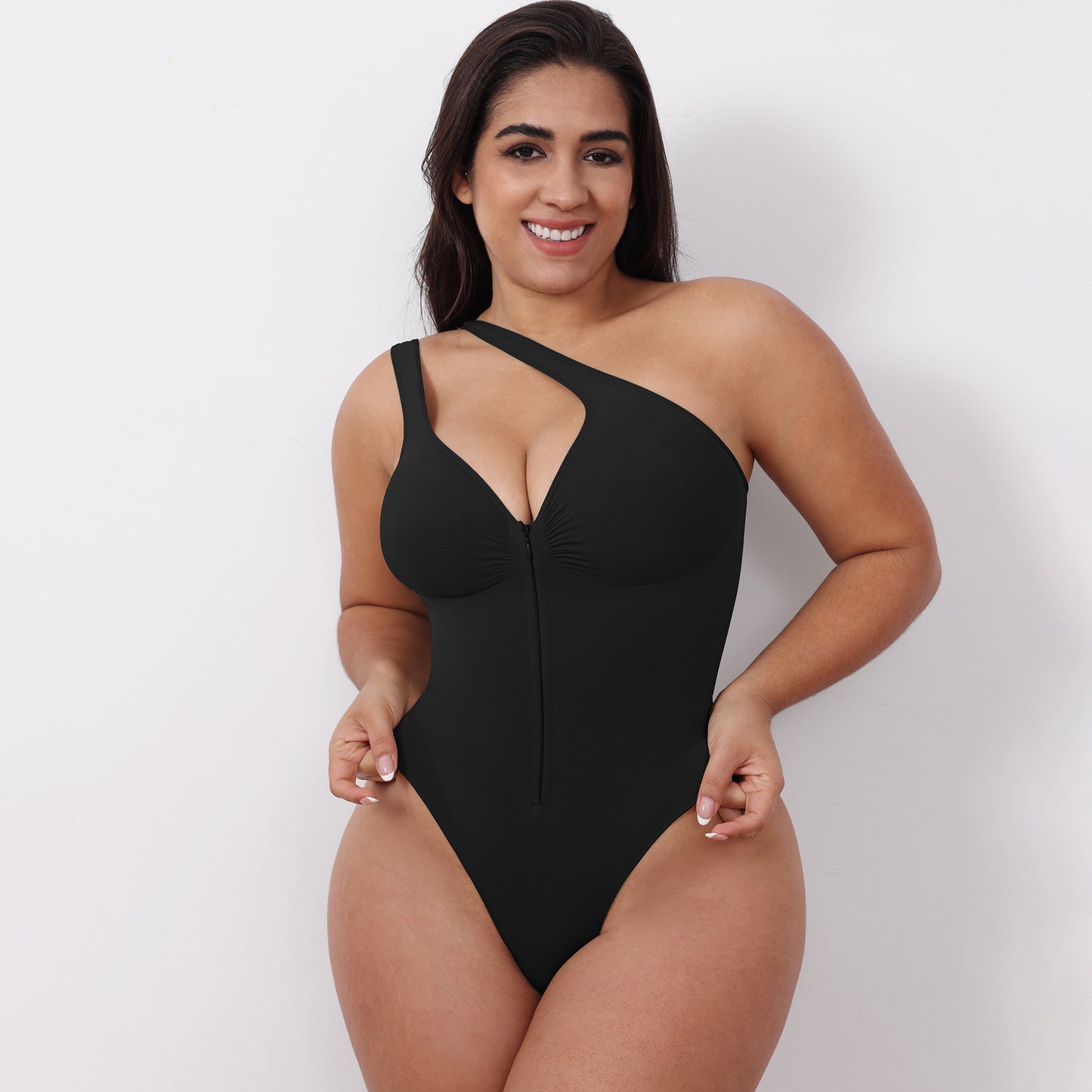 Seamless shaping abdomen-control camisole bodysuit with zipper, open back and butt-lifting shapewear