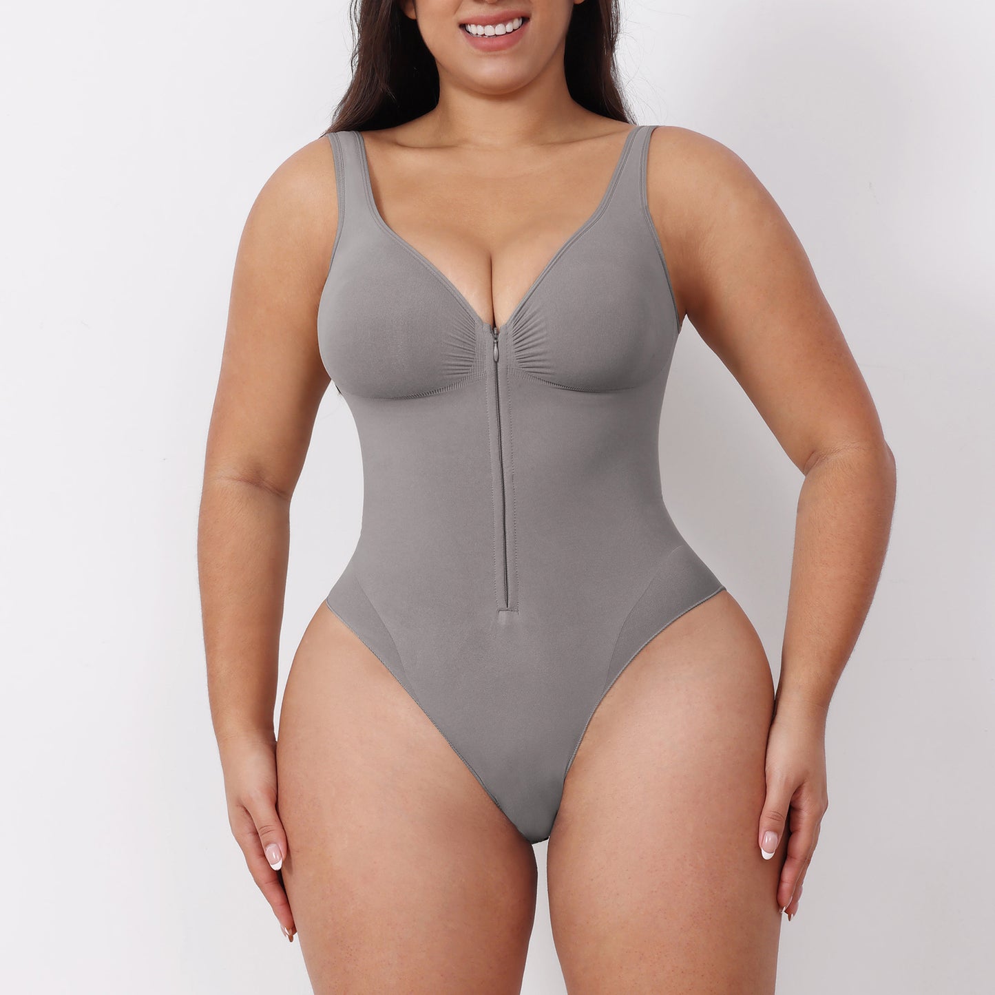 Seamless shaping abdomen-control camisole bodysuit with zipper, open back and butt-lifting shapewear