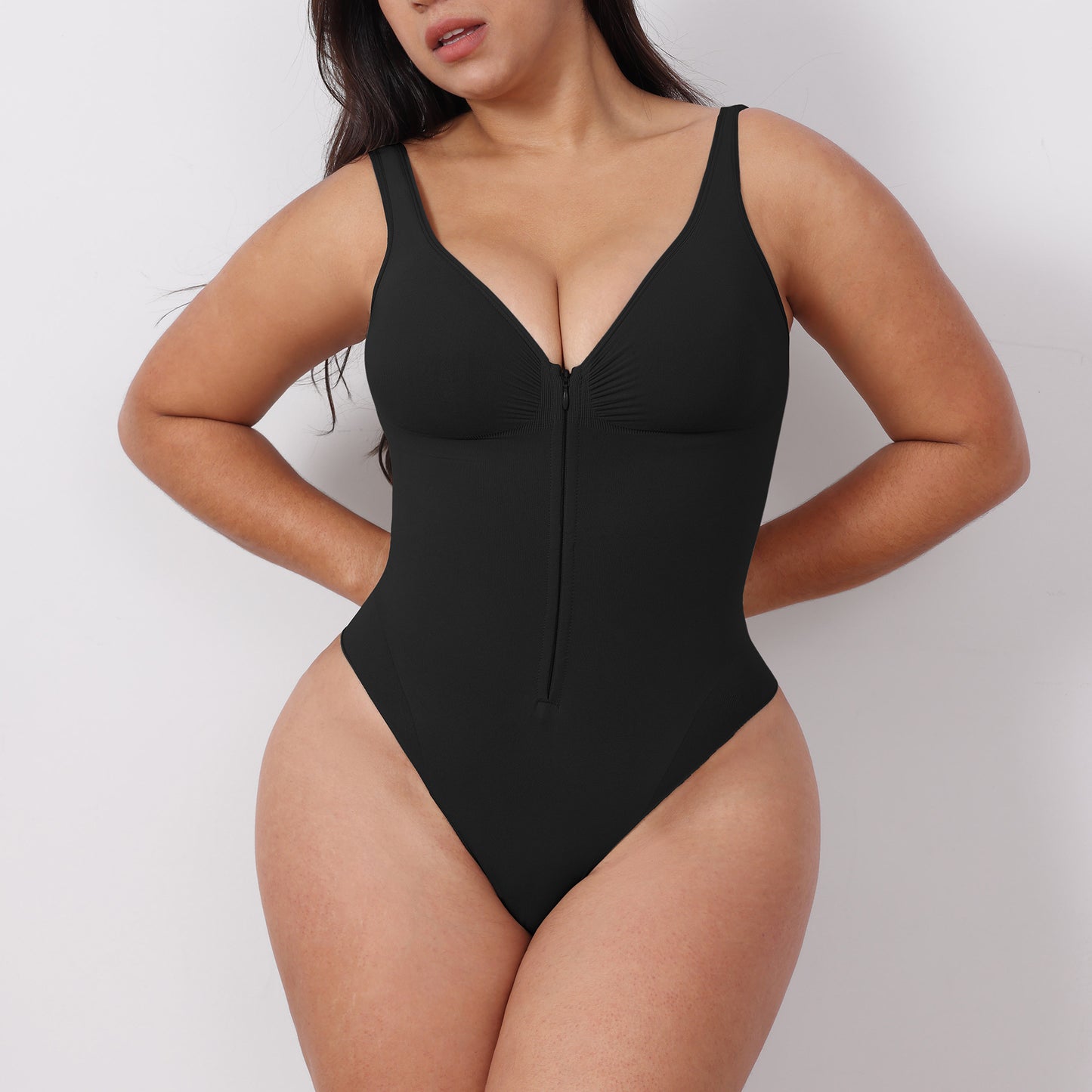 Seamless shaping abdomen-control camisole bodysuit with zipper, open back and butt-lifting shapewear