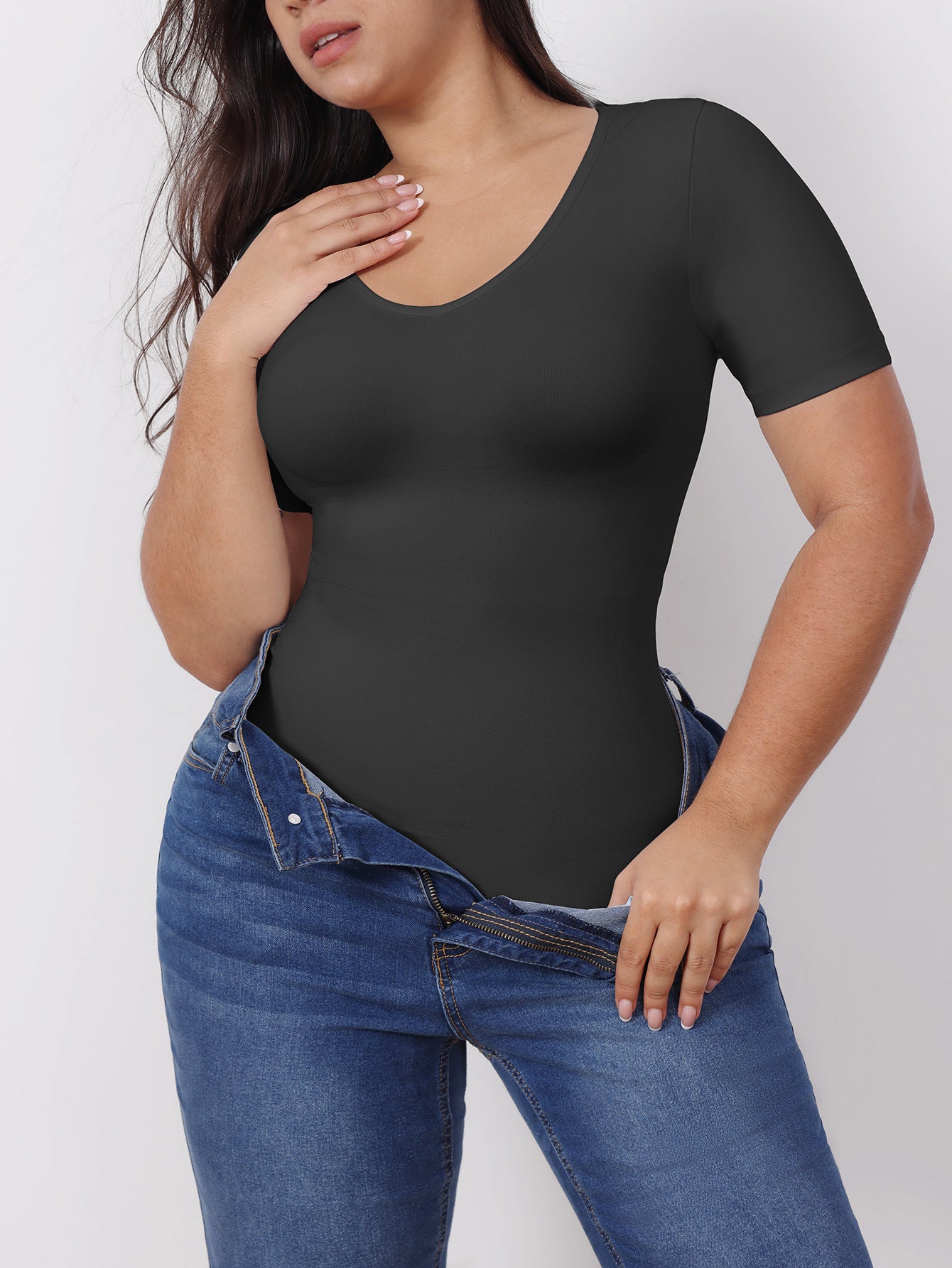 Short-Sleeved V-Neck Shapewear Large Size Tummy-Control Short-Sleeved Shaping Top