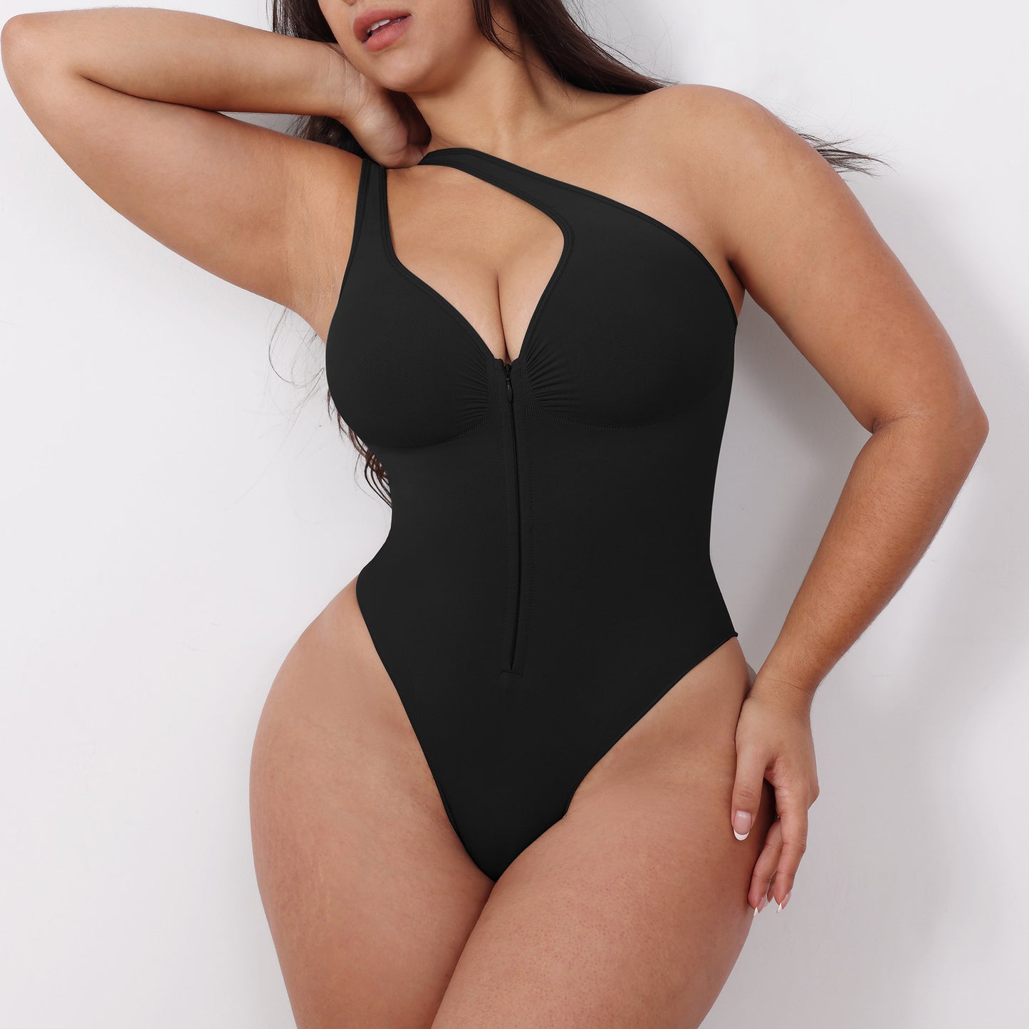 Seamless shaping abdomen-control camisole bodysuit with zipper, open back and butt-lifting shapewear