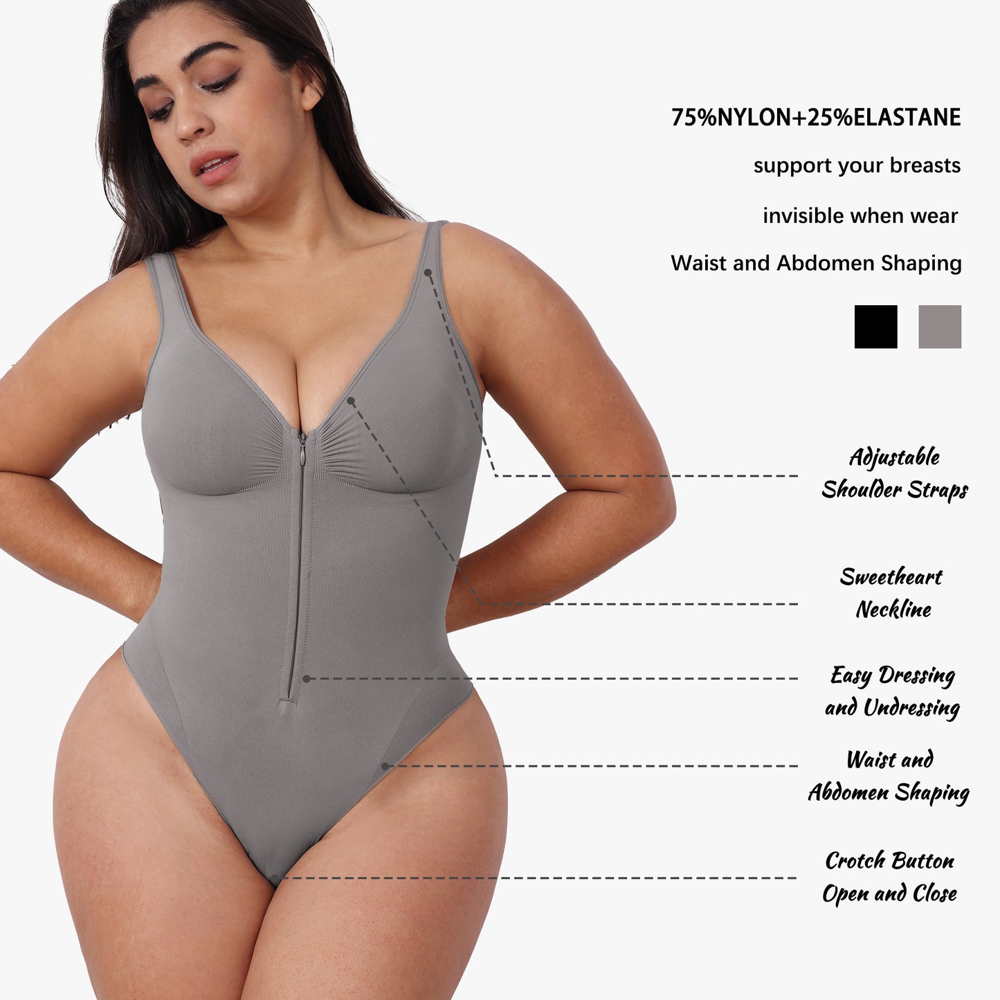 Seamless shaping abdomen-control camisole bodysuit with zipper, open back and butt-lifting shapewear