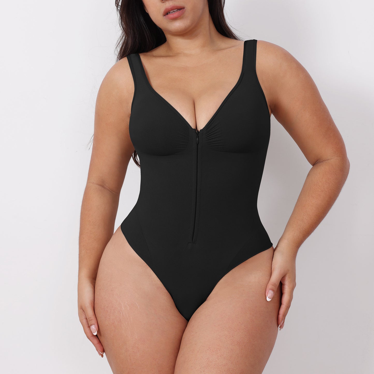 Seamless shaping abdomen-control camisole bodysuit with zipper, open back and butt-lifting shapewear