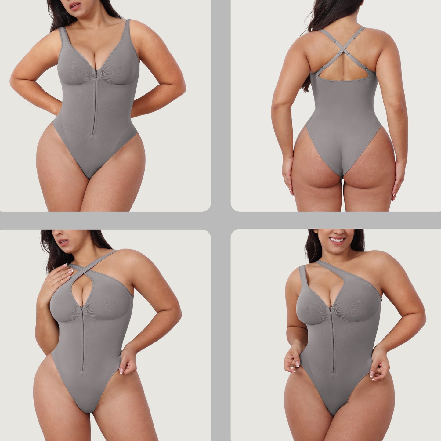 Seamless shaping abdomen-control camisole bodysuit with zipper, open back and butt-lifting shapewear