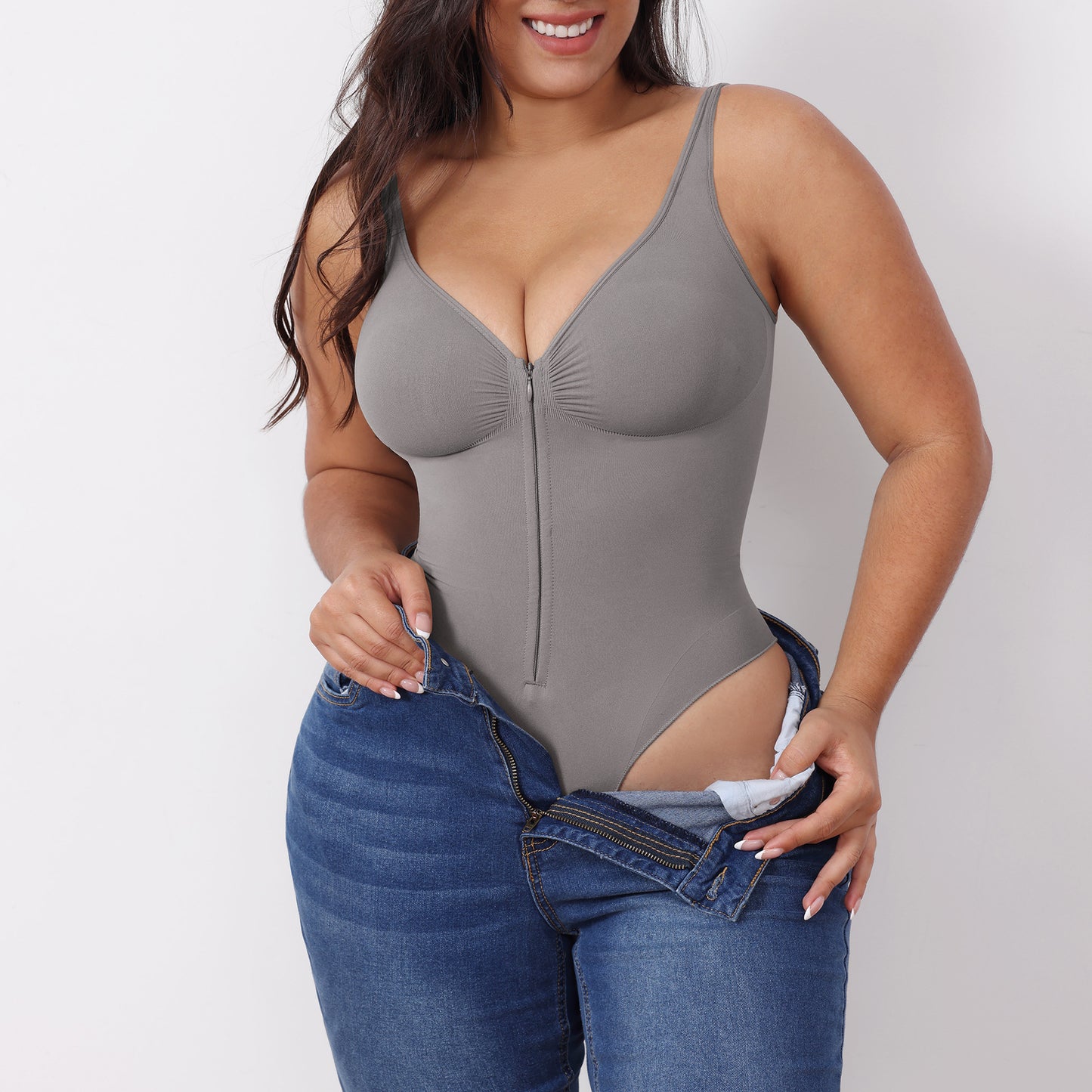 Seamless shaping abdomen-control camisole bodysuit with zipper, open back and butt-lifting shapewear