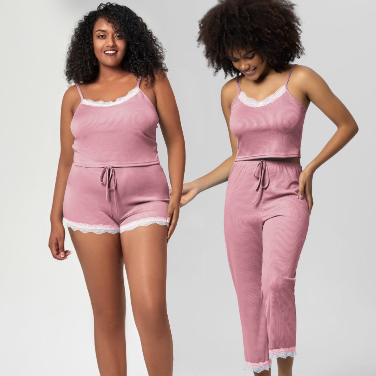 Large Size Pajamas Cool Lace Trim Camisole Pajama Pants Set